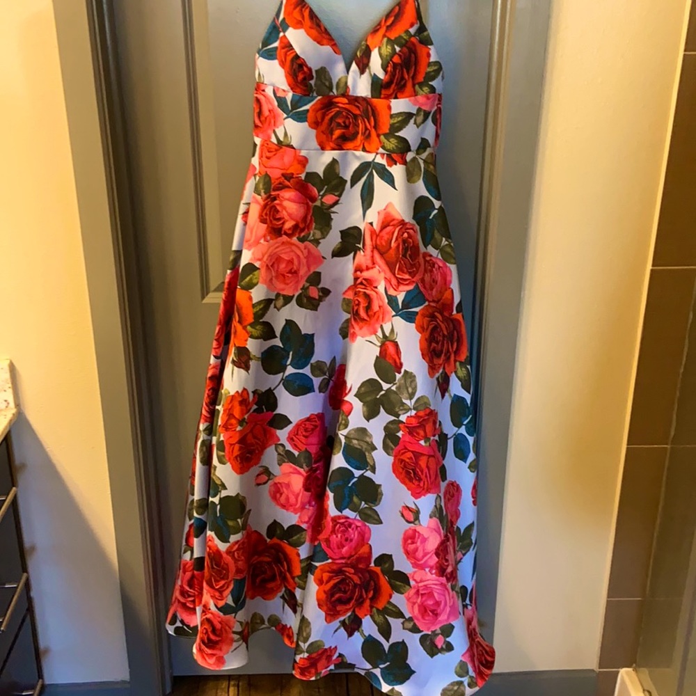 Formal red and blue floral dress